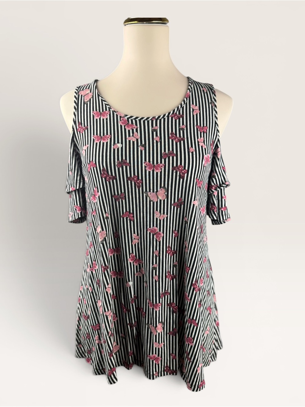 Cold-Shoulder Black & White Stripe Top with Pink Butterfly Print Y2K